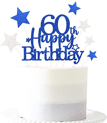 Pargleev Royal Blue 60th Birthday Cake Topper with Glittery Stars | 7-piece Royal Blue 60th set: 1 glittery 'Happy Birthday' topper + 6 star cupcake toppers; just place on the cake