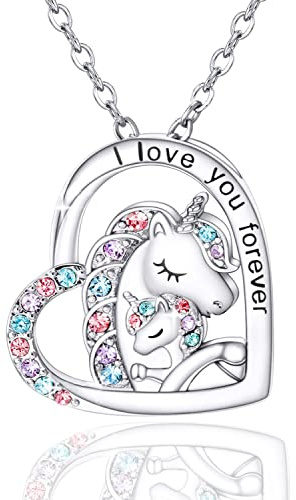 MAKOBLESSMOMO Einhorn Herz Halskette für Mädchen, I Love You Forever Einhorn Schmuck Geschenke für Mädchen Mütter Tochter Enkelin Nichte