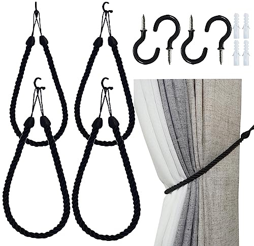 SLIFEOW Curtain Tiebacks Ropes 4 Pack, Decorative Handmade Tie Backs Curtain Holdbacks with 4 Metal Screw Hooks, Holders Cord for Thin or Thick Window Drapes Indoor Outdoor (Black, 4)