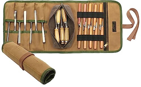 Werkzeugrolle mit abnehmbarer Werkzeugtasche, 16OZ gewachstes Segeltuch werkzeug rolltasche - Khaki - Rolltasche mit 7 Werkzeugschlitzen & Reißverschlusstaschen | 60cm x 25cm