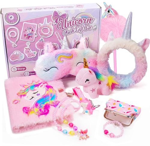 HappyKidsClub Einhorn Geschenke für Mädchen 3-12 Jahre, Tagebuch mit Schloss Mädchen Geburtstagsgeschenk Set für 3-12 Mädchen Einhorn Plüschtier Spielzeug ab 3-12 Jahre Mädchen Kinderschmuck