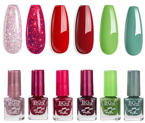 EONFAVE Christmas Nail Polish Sets - 6 Colours Red Green Glitter Nail Varnish Set - Quick Drying Nail Polish Gifts for Women Nail Art DIY Home - Long-lasting Nail Varnish