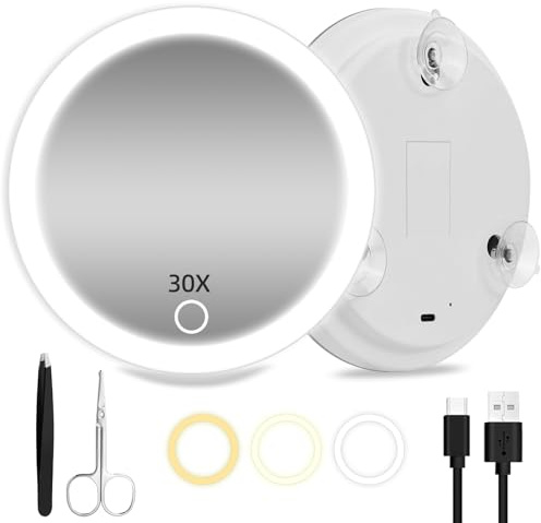 JADAZROR Specchio ingranditore 30X con luci, specchio ingranditore per il trucco illuminato ricaricabile da 15 cm, ingrandimento da viaggio portatile 30X per lavori dettagliati