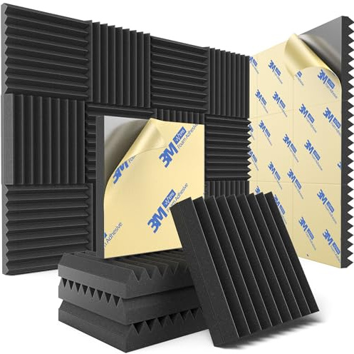 12 Pack Sound Proof Foam Panels for Wall with Self Adhesive, 2 X 12 X 12 High Density Acoustic Panels Sound Absorbing Quick-Recovery, Wedges Soundproof Wall Panels for Gaming & Studio Decor - Black
