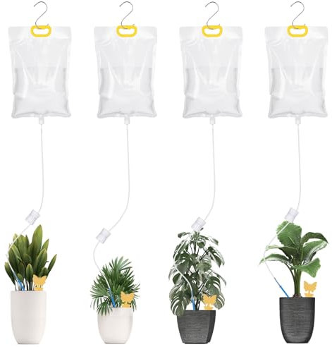 Flintronic 4 Stück 3,5L Pflanzen BewäSserungTropfbewässerungsbeutel, Automatische Tropfbewässerungssysteme, mit Verstellbarem Durchfluss Ventilschalter, Kunststoff Bewässerungsgerät, Gelbsticker