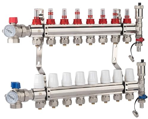 AQUA HEATING Collettore Per Riscaldamento A Pavimento 8 Circuiti Di Riscaldamento Kit Collettore Riscaldamente 10 Bar Valvola Ad Angolo