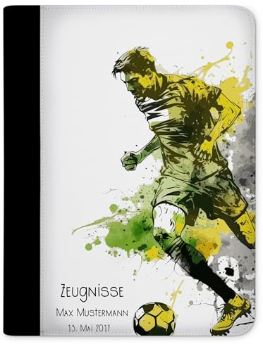 CreaDesign Zeugnismappe A4 mit Namen personalisiert – Fußballspieler grün gelb – für Jungen – Dokumentenmappe Schule ohne Klarsichthüllen