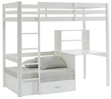 Vente-unique - Hochbett mit Schreibtisch, Schlafsofa & Stauraum - 90 x 200 cm - Kiefer massiv - Geweißt - Goliath II