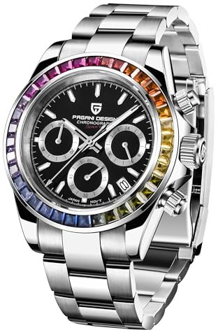 Pagani Design Klassische Quarzuhr für Herren, Japanisches Uhrwerk VK63, Keramik-Lünette, Edelstahl, wasserdicht, Business Sport, Chronograph Datum (Schwarz-Regenbogen, Pd1644)