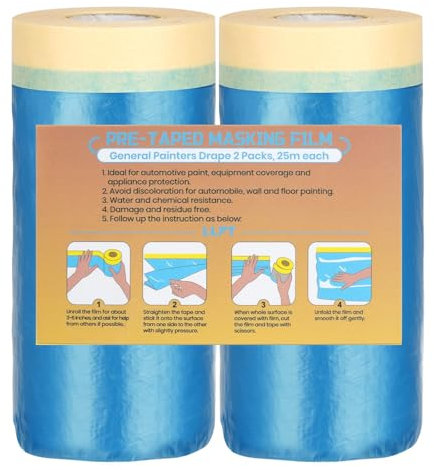 LLPT Tape and Drape Pre-Taped Masking Film | 2 Rolls | Self-Adhesive Painting Drop Film | Plastic Dust Sheets for Decorating, Cars Painting| (CMF90) | 90cm(Unfolded) x 25m