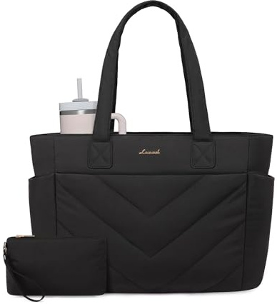 LOVEVOOK Tote Travel Bag for Women, Puffer Work Handbag with Zipper for Teacher Nurse, Quilted Laptop Shoulder Bag Cute for School Gym, Black