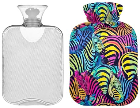 2L Große Wärmflasche mit süßem Bezug, Retro-Neon-Zebramuster, transparente Wärmbeutel für Wärme- und Kältetherapie, Nacken-, Schulter- und Beinschmerzlinderung, Menstruationskrämpfe