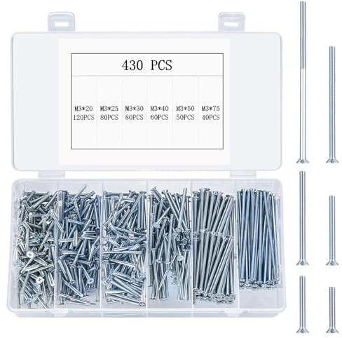 430 Pz Set di Viti M3, Set di Viti a Testa Svasata, Bulloni a Testa a Croce, Set di Bulloni Viti a Testa Piatta a Croce per Casa DIY, M3 x 20 mm/25 mm/30 mm/40 mm/50 mm/75 mm