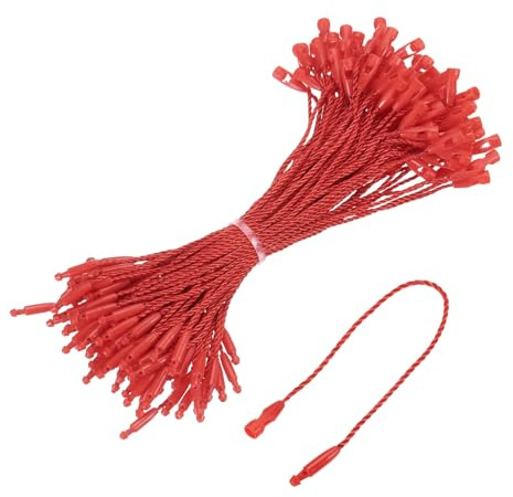 QUARKZMAN 100 Stück Hängeetiketten Etiketten Schnur, 120mm Sicherheitsfäden für Etiketten, Schnappverschluss zum Anbringen für Hängeetiketten Kleidung, Rot