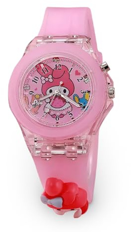 LuminaLux Orologio analogico al quarzo per ragazze, cinturino in silicone colorato per ragazze, regalo per bambini dai 3 ai 10 anni, scintillante, 3D, luce LED lampeggiante, My Melody, rosa