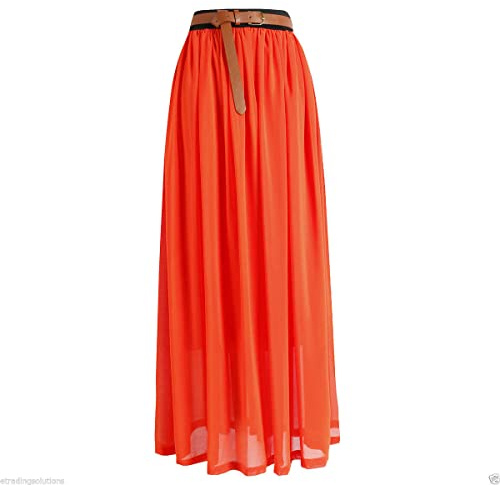 Women's Long Chiffon Maxi Skirt – Plain Flowing High Waist Skirt with Comfortable Elastic Waistband – Lightweight Summer Skirt – UK Sizes S/M/L (UK, Alpha, M, L, Regular, Regular, Orange)