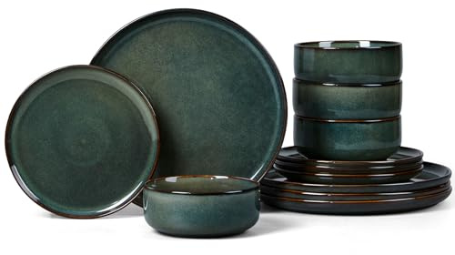 Onader 12Pcs Dinner Set, Reactive Glaze Stoneware Dinnerware for 4 People | Elegant Plates and Bowls Sets for Kitchen Christmas Camping, Scratch Resistant, Microwave & Dishwasher Safe - Forest Green