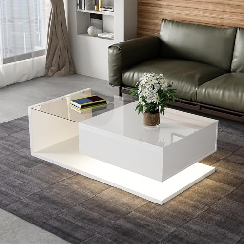 BNUZ Tavolino da salotto, bianco lucido, tavolini, tavolino con vetro e effetto LED, 60 x 110 cm