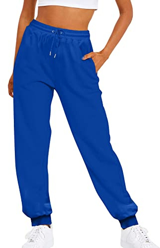 YCBMINGCAN Pantalones de chándal para mujer, color liso, cintura elástica, informales, sueltos, de forro polar, ropa interior de esquí, pantalones largos, azul, M