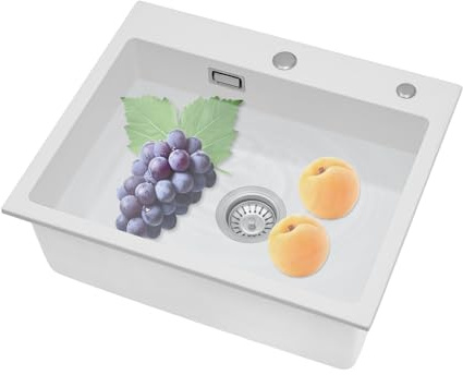 HUSPOO Lavello da cucina in pietra di quarzo, 55 x 45 cm, profondità 9, con arco e scolapiatti per montaggio a incasso, 1 lavabo da incasso, colore bianco, portata 100 kg