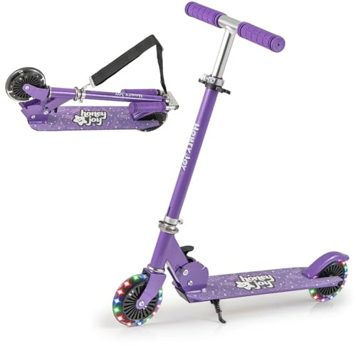 KOMFOTTEU Patinete para Niños, Patinete Infantil con 2 Ruedas LED y Freno, Monopatín Plegable con 3 Alturas Ajustables, Scooter de Aluminio con Carga 50 kg, para Niños (con Soporte y Correa, Violeta)