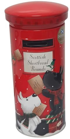 Shortbread Rounds Biscuit Festive Red Tin Tall Collectible Post Box Design with Dogs Seasonal Treat Crunchy Traditional Butter Cookies Wide