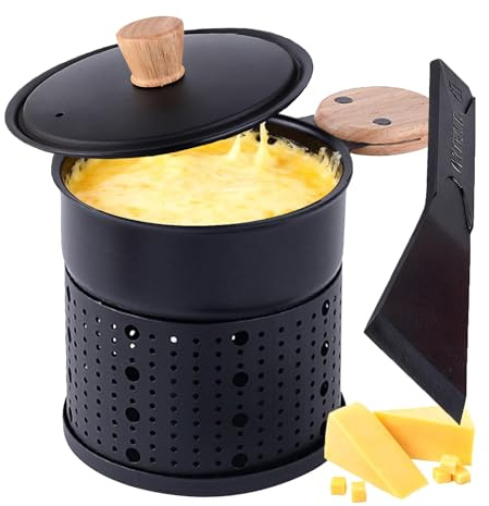 VolksRose Raclette mit Kerzenantrieb - Tragbarer Raclettekessel für 2 Personen - Multifunktionaler Mini-Tischwärmer für Schokoladen-/Käsefondue - Topf mit Holzgriff, 300ml für Büro, Camping, Zuhause