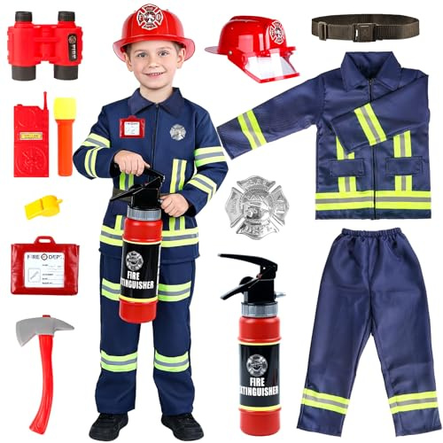 Aitsite Costume de pompier pour enfant bleu foncé – Ensemble de pompier avec veste, pantalon, ceinture, casque, extincteur, hache, talkie-walkie et badge pour carnaval, Halloween