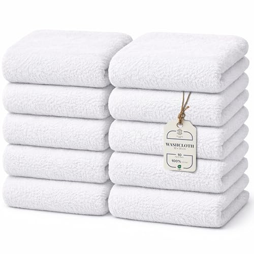 HomeBurg CORE 10-Piece Cotton Washcloths for Bathroom and Kitchen | Value Pack, Soft, Absorbent, Compact, Lightweight, Portable, Minimalist, 30 x 30cm, White