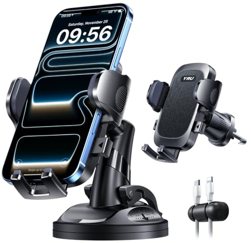 2026 Exclusive Wackelfrei Handyhalterung Auto YRU【Upgrade Bombenfest Saugnapf & Clip】Handy Halterung Auto Kein Rückstand 360° Drehbar Handyhalter Armaturenbrett Scheibe für iPhone Samsung, Mattschwarz