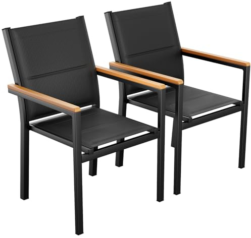 LIFERUN Gartenstuhl 2er Set, Aluminium, mit Gesteppte Rückenlehne & Sitzfläche, Stapelbarer Esszimmerstuhl, WPC Handlauf, Balkonstühle, für Terrasse, Balkon, Terrasse, Pool, Restaurants, Schwarz,2 PCS
