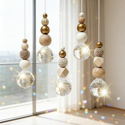 5 StüCk SonnenfäNger Kristall Fenster, SonnenfäNger Mit Holzperlen & Kristallkugel Hanging, Fensterdeko HäNgend, Suncatcher Kristall FüR Fenster Haus Garten Party Hochzeit Weihnachten Dekoration