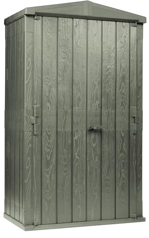 TOOMAX High Storer Plus Capanno da esterni 1670L effetto legno verde foresta, 130x75,6x218,4h cm, baule portattrezzi in plastica resistente con doppia anta, ideale per il giardino