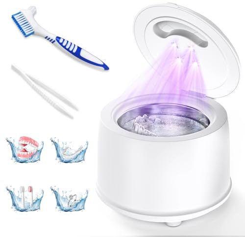 Ultraschaldsrengöringsapparat med UV | 45 000 Hz, 25 W, 200 ml | 4 lägen Tandprotesrengörare Ljudsvag Tandvård Pod för Tandvårdsskena Rengöring Tandproteser Aligner & Retainer Rengörare | Bärbar (Vit)