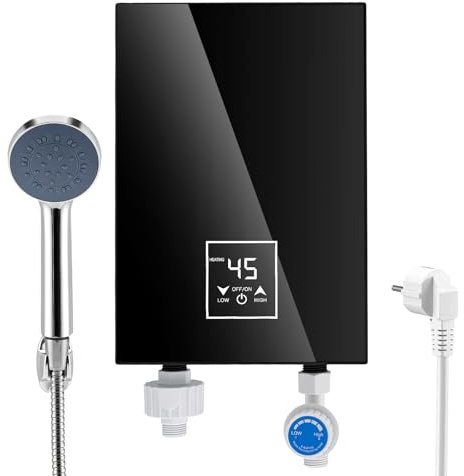 Mini Durchlauferhitzer, 5500W Elektrischer Durchlauferhitzer 220V, Durchlauferhitzer Klein mit Temperaturanzeige 30-55°C, Plug-and-Play Dusche Heißwassersystem für Küche Badezimmer Handwaschbecken (1)
