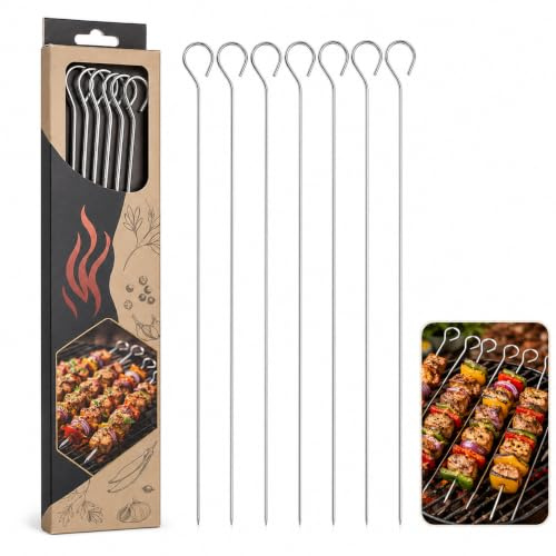 MAR 8 Metal BBQ Skewers – Reusable Kebab Skewers for Grilling Meat & Veg | Set of 8 reusable metal BBQ skewers for kebabs, meat & veg. Easy to clean, use again & again. For BBQs, grilling & catering