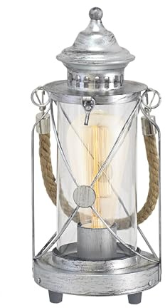 EGLO Lampe de table de chevet Bradford, lampe de salon vintage, lanterne en acier argenté, verre transparent, douille E27, avec interrupteur