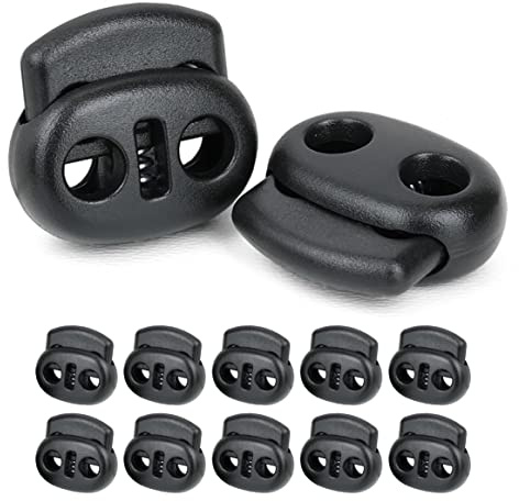 Ganzoo topes para cuerda de doble orificio, juego 10 unidades tipo tanka, cierre con muelle para fijación estable, pinza para cordel diámetro 4 mm, plástico mate negro, 20 x 23 x 7 mm, 1,4 g