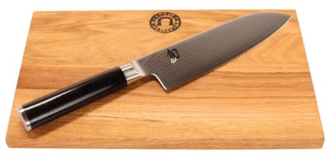 Kai Shun Classic Santokumesser DM-0702 ultrascharf 18 cm – Angebotsset mit handgefertigtem Schneidebrett 30x 20cm Unikat – Japanisches Messer Set für Profi- & Hobbyköche