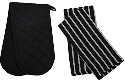 Penguin Home Heat Resistant Oven Gloves with Set of 2 Tea Towel Oven Mitt & Potholder for Home Cooking - Maximum Heat Protection/Kitchen Accessories (Black) Size - (18x90 & 65x45 cm)
