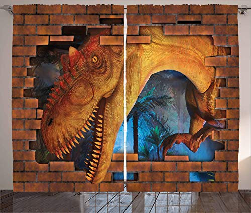 ABAKUHAUS Dinosaurier Rustikaler Vorhang, Dino Breaks Ziegelmauer, Wohnzimmer Universalband Gardinen mit Schlaufen und Haken, 280 x 175 cm, Orange Aqua
