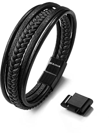 SERASAR Premium Echtlederarmband für Männer [Braid] in Schwarz & Braun | Verschiedene Längen | Magnetverschluss aus Edelstahl | Inklusive Schmuckschachtel | Tolles Geschenk für Männer