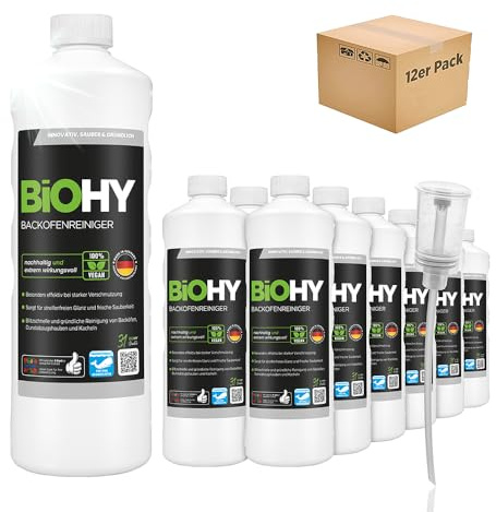 BiOHY Backofenreiniger Hochkonzentrat (12 x 1 Liter) + Dosierer | Bio Reiniger & Fettlöser | EXTRA STARK | löst hartnäckige Verkrustungen & Fett| für Backöfen & Mikrowellen | effektive Ofenreinigung