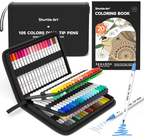 Shuttle Art Dual Brush Pens, 105 bunte doppelköpfige Pinselstifte mit weicher Spitze, zwei Schreibfedern: Fasermaler (1mm) und Fineliner(1-4mm), für Kinder und Erwachsene mit 1 Malbuch zum Schreiben