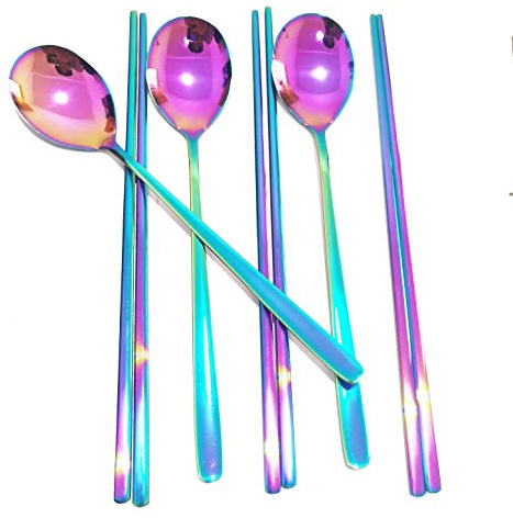 Choary - Set di 3 paia di bacchette e cucchiaio, in acciaio inox riutilizzabile, con manico quadrato arcobaleno e bacchette coreane e cucchiai.