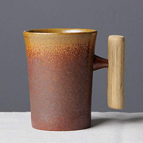 THUMBGEEK Japanese Vintage Wooden Handle Ceramic Coffee Mug Water Tumbler for Home and Office (Yellow-B)