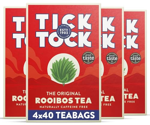 Tick Tock Rooibos Teabags, Caffeine-Free Tea, Pack of 4 x 40 (160 Teabags), Naturally Sweet Herbal Tea, Biodegradable, Rooibos UK, Redbush Tea Bags- 4 Pack