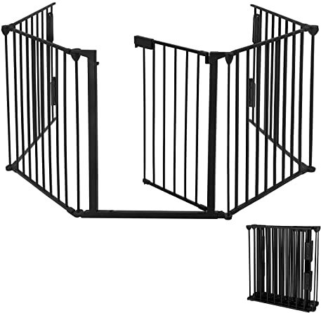YRHome Kaminschutzgitter mit Tür Gesamtlänge 300cm Höhe 75cm Ofenschutzgitter Absperrgitter Türschutzgitter Tierschutzgitter Konfigurationsgitter Faltbar Schwarz 5 Elemente für Kinder-Sicherung