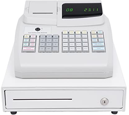 Electronic Cash Register Small Business Cash Management System with Cash Drawer, Operator & Consumption Display, Receipt Printer,47 Raised Keyboards,16 Dept, 8 Clerk, for Small Business