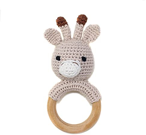Baby Greifling Rassel Beißring,Tier Gehäkelte Babyrassel Häkeln Holz Greifling Baby Rassel Fuchs Tiger Löwe Hase Baby Montessori Babyspielzeug für Neugeborenes Baby Junge Mädchen Geschenk zur Geburt
